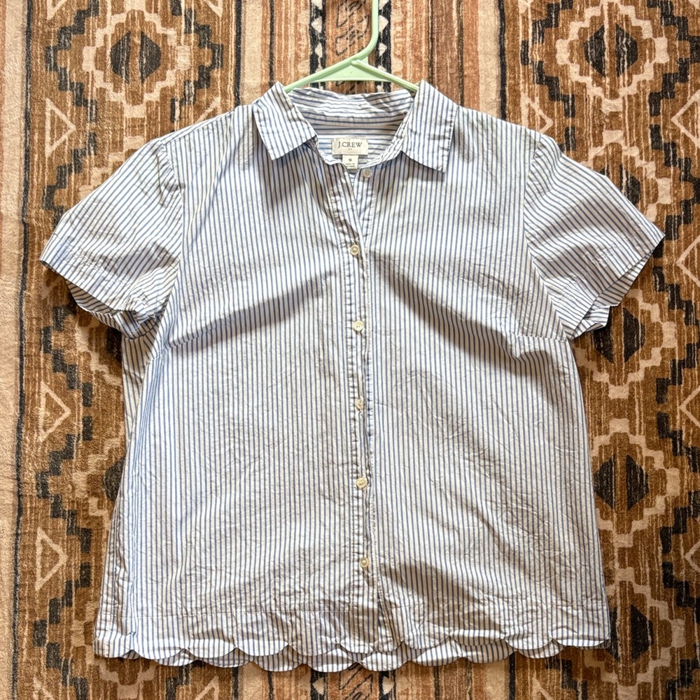 J. Crew Blue and White Striped Scalloped Shirt